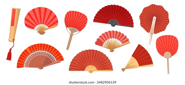 Collection Of Red Hand Fans Showcasing Various Traditional Asian Designs. Vector Image Includes Different Styles