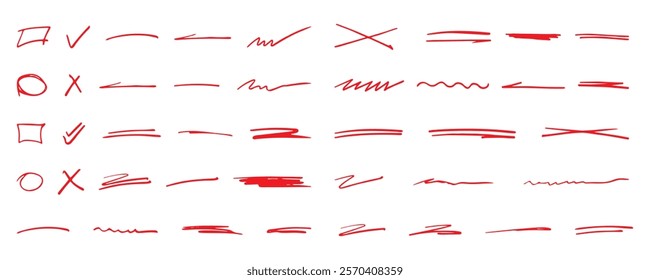 Collection of red hand-drawn doodles, including checkmarks, crosses, circles, lines, scribbles, ideal for annotation or graphic design. Hand drawn check mark and brush lines, red marker, check mark