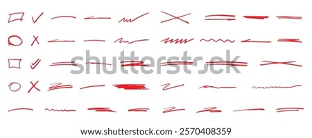 Collection of red hand-drawn doodles, including checkmarks, crosses, circles, lines, scribbles, ideal for annotation or graphic design. Hand drawn check mark and brush lines, red marker, check mark