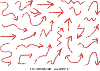 Una colección de flechas grunge rojas dibujadas a mano que apuntan en varias direcciones sobre un fondo blanco. Este conjunto de estilo doodle incluye diferentes Formas de flecha.