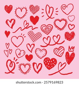 A collection of red hand-drawn hearts on a pink background. Various heart shapes, heart patterns, and heart designs fill the image with love and creativity. Cute hand drawn Valentine's Day vector set.