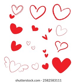 Collection of red hand-drawn hearts in various styles, including solid, outlined, sketchy, and winged designs. Perfect for Valentine’s Day, love-themed graphics, or playful social media content.