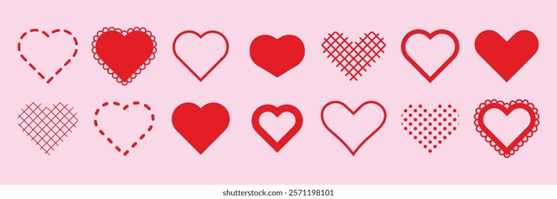 A collection of red heart designs on a pink background. Hearts vary in patterns, including lace, dots, and solid red. Heart shapes and patterns in red. Valentine's Day elements, vector set.