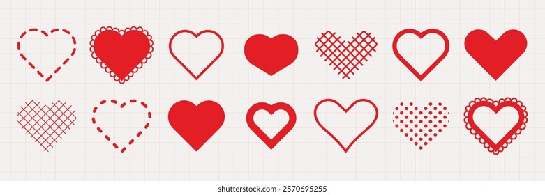 A collection of red heart designs in various styles, including dotted, solid, and patterned hearts. These heart designs are perfect for romantic themes and crafts. Valentine's Day elements, vector set