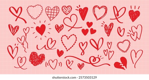A collection of red heart doodles on a pink background. Various heart shapes, red hearts, and doodles create a playful, romantic pattern. Love and hearts theme. Cute hand drawn Valentine's Day vector.