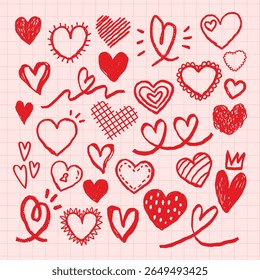 A collection of red heart doodles on a grid background. Various heart shapes, heart patterns, and heart designs create a playful heart-themed illustration. Cute hand drawn Valentine's Day vector set.
