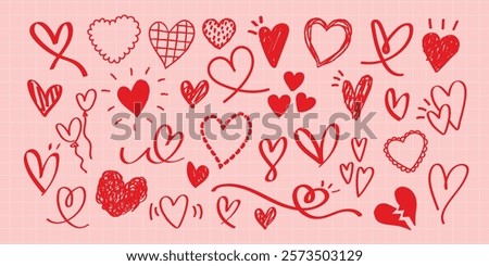 A collection of red heart doodles on a pink background. Various heart shapes, red hearts, and doodles create a playful, romantic pattern. Love and hearts theme. Cute hand drawn Valentine's Day vector.