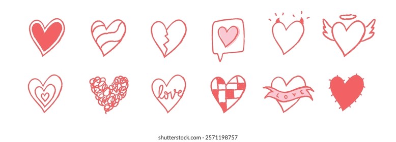 Collection of red heart doodles. Various heart designs include wings, love text, and speech bubbles. Red heart doodles for creative projects and love themes. Cute hand drawn love doodle, set. Vectors.