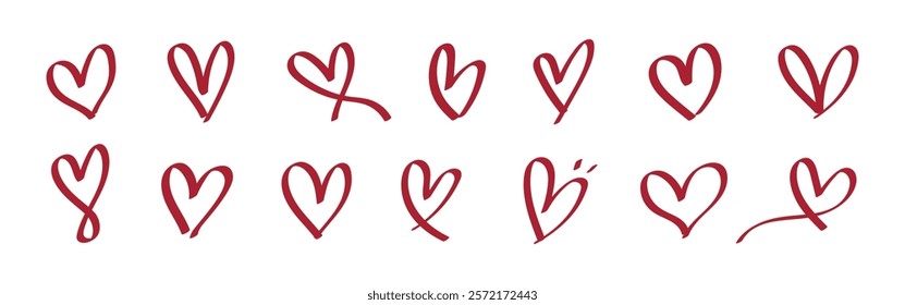 A collection of red heart doodles in various styles. Red hearts, simple heart doodles, and artistic heart designs. Perfect for Valentine's Day or romantic themes. Valentine's element vector set.