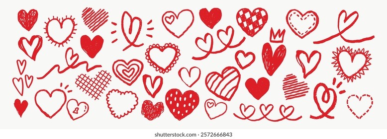 Collection of red heart doodles in various styles. Heart shapes, heart patterns, and heart designs create a playful and romantic theme. Cute hand drawn Valentine's Day vector set.