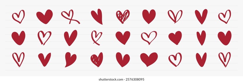 A collection of red heart doodles. Various heart shapes, patterns, and designs. Playful and artistic heart illustrations in red. Valentine's element vector set.