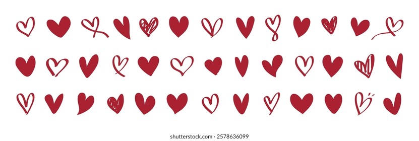 A collection of red heart doodles. Various heart shapes in red. Playful red heart designs. Red hearts in different styles. Valentine's element vector set.