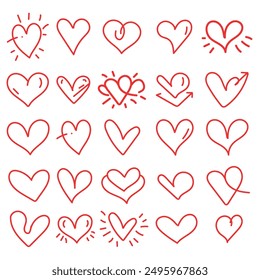 Collection of red heart icon illustration, Hand-drawn hearts.Vector symbol icon set, illustration design.