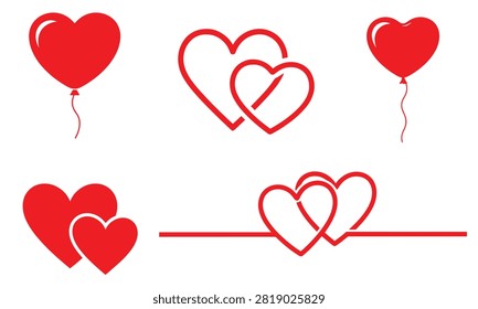 Collection of red heart icons including balloons, intertwined shapes, and simple outlines, representing love and affection.