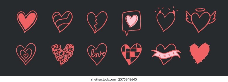 A collection of red heart icons on a dark background. Various heart designs include broken, angelic, and love-themed. Heart shapes, love symbols, red hearts. Cute hand drawn love doodle, set. Vectors.