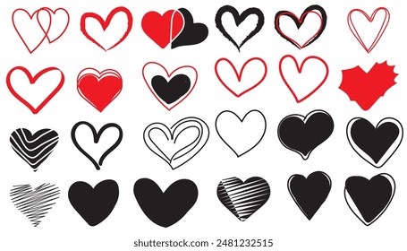 Colección de iconos de corazón rojo, corazones dibujados a mano. Vector set symbol icon, ilustración Diseño gráfico. 