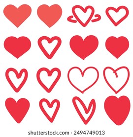 Collection of red heart icons,Hand drawn symbols. Vector illustration icon set.