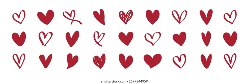 A collection of red heart illustrations. Various heart shapes, red hearts, and heart designs. Simple, playful red hearts. Heart patterns symbols. Valentine's element vector set.