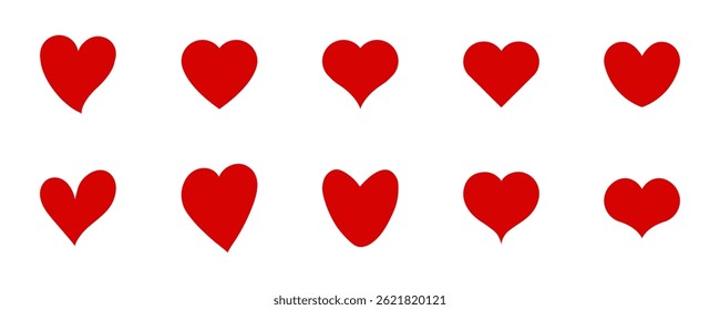 Collection of red heart shaped icons in unique and varied styles, isolated on white background, ideal for romantic projects, love-themed illustrations, and Valentine's Day graphics.