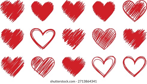 A collection of red heart shapes in various artistic styles arranged on a white background