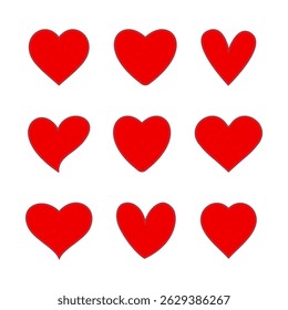 Colección de iconos de vectores de corazón rojo. Conjunto de corazones abstractos con diferentes Formas. Icono de amor de corazón rojo simple establecido en varios estilos. Iconos planos de la salud en el fondo blanco. eps 10.