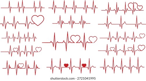 Una colección de líneas rojas de latidos del corazón con varias Formas cardíacas integradas en las formas de onda del electrocardiograma sobre un fondo blanco, que simbolizan la salud, el amor y la vitalidad.