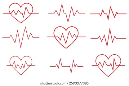 Collection of red heartbeat symbol vector on white background
