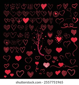 Collection of red hearts in new style. Hand drawn illustration for Valentine's Day Free Vector