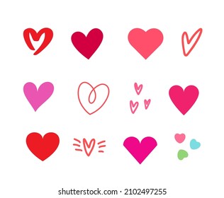 Colección de corazones rojos, conjunto de símbolos de amor iconos vectores. Forma dibujada para el diseño. Concepto de San Valentín. 