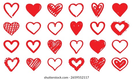 Eine Sammlung roter Herzen in verschiedenen Stilen. Perfekt für den Valentinstag, Hochzeiten oder romantische Designs. Symbolisiert Liebe und Leidenschaft mit künstlerischem Flair.