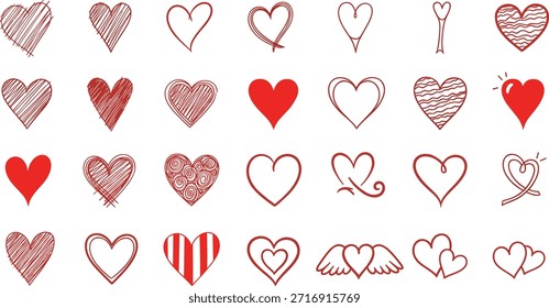 Colección de corazones rojos en varios estilos y diseños sobre un fondo blanco, que representa el amor y el romance