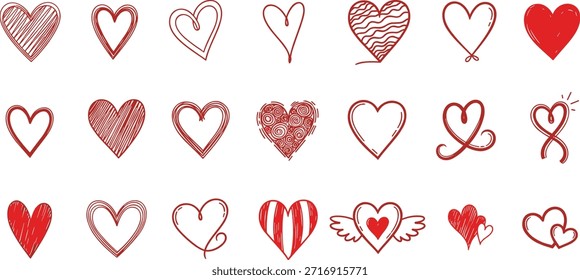Colección de corazones rojos en varios estilos y diseños sobre un fondo blanco, que representa el amor y el romance