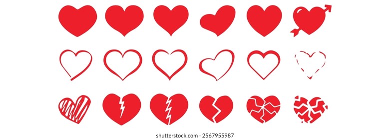 Collection of Red Hearts, Whole and Broken, for Valentine's Day or Love-Related Projects