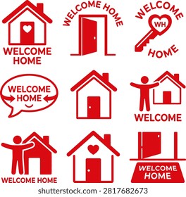 Collection of red home arrival emblems featuring houses doorways and welcoming figures. Ideal for real estate or hospitality.