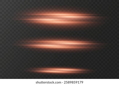 Collection of red horizontal effects, neon laser lines. On a transparent background.