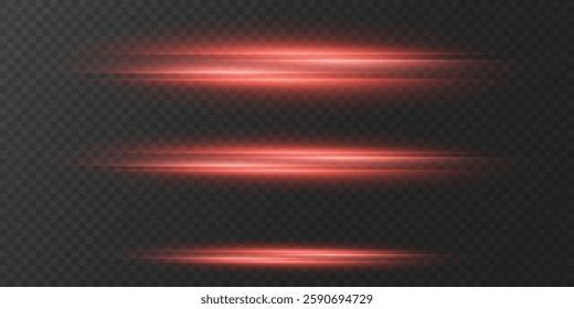 Collection of red horizontal effects, neon laser lines. On a transparent background.