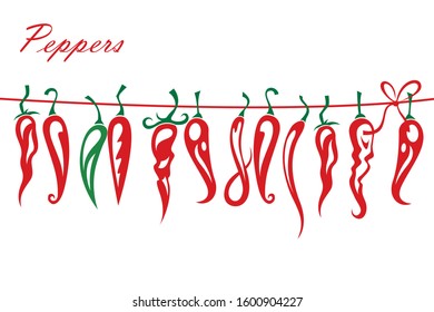 collection of red hot chili peppers in cord isolated on white background