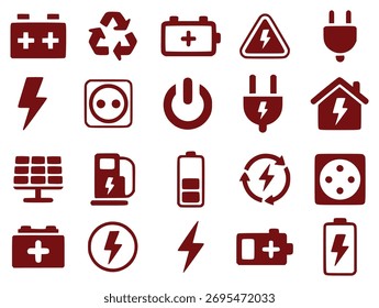 A collection of red icons representing various aspects of electricity and energy, including batteries, plugs, sockets, and renewable sources.