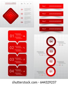 Collection of red infographic templates for business with 4 options, parts or steps. Data vizualization. Vector illustration.