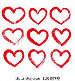 Collection of red ink hearts on a white background. Grunge style, hand drawing, sketch, icons