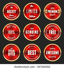 Collection of red labels and badges with gold border