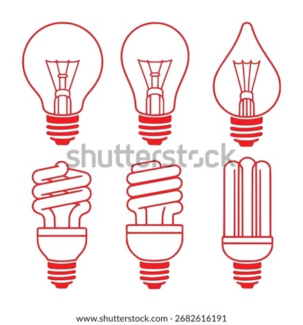 Collection of Red Line Art Light Bulbs Incandescent, CFL, and Fluorescent.