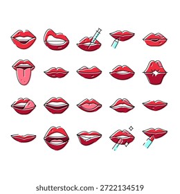 Collection of red lips showing various gestures, beauty treatments like injections and lipstick application, and different facial expressions in a clean, modern line art style