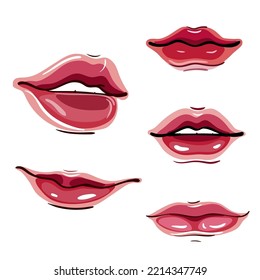 Colección de labios rojos.Aislada. Ilustración vectorial de los labios de una mujer que expresa diversas emociones, como una sonrisa y una boca medio abierta.