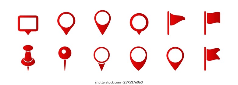 A collection of red location icons featuring various pin and flag designs for digital map navigation.