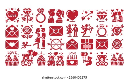 collection of red love-themed icons including hearts, roses, couples, and Cupid, perfect for Valentine's Day designs