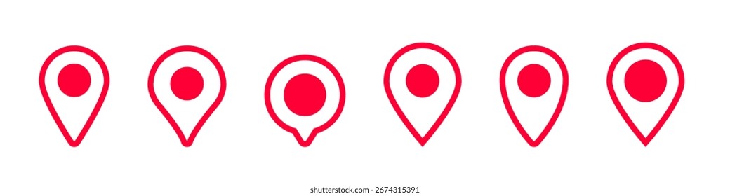 Collection of red map location icons in various styles, each featuring a prominent red circle.