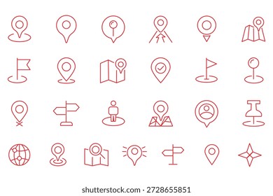 Collection of red map pin vector icon. Marker location icon set. Map pin place marker. Map marker pointer icon. GPS location symbol.