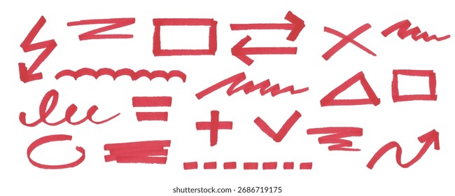 Collection of red marker lines for underlining and highlighting text. Hand drawn texture scribble pen stroke. Curved doodles for design sketch, banner, collage and note.
