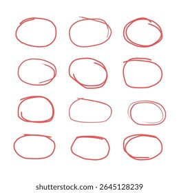 Collection of red marker outline, Hand drawn pencil stroke sketch marker vector ,Doodle crayon pencil, marker brush stroke oval underline element pack,
